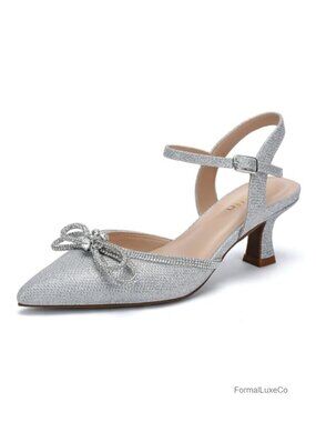 Wide Width Kitten Heels Rhinestone Bow Pointed Closed Toe Pumps Ankle Strap